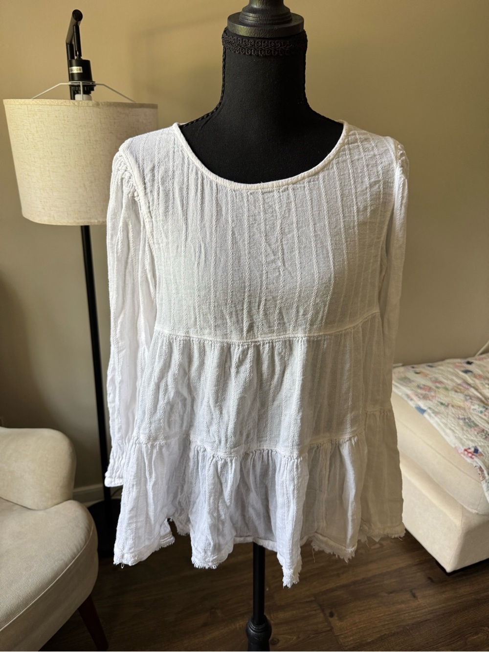 Women’s White Tiered Long-Sleeve Peasant Top